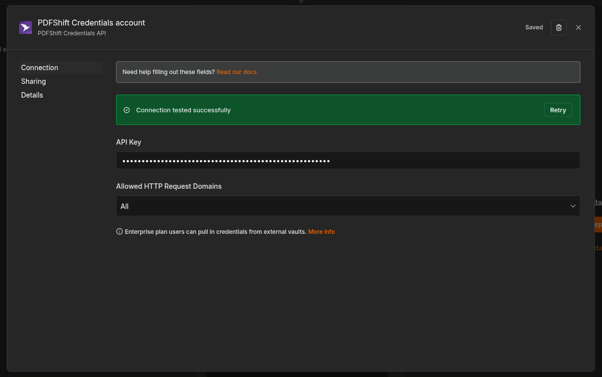 Creating and testing PDFShift credentials in n8n